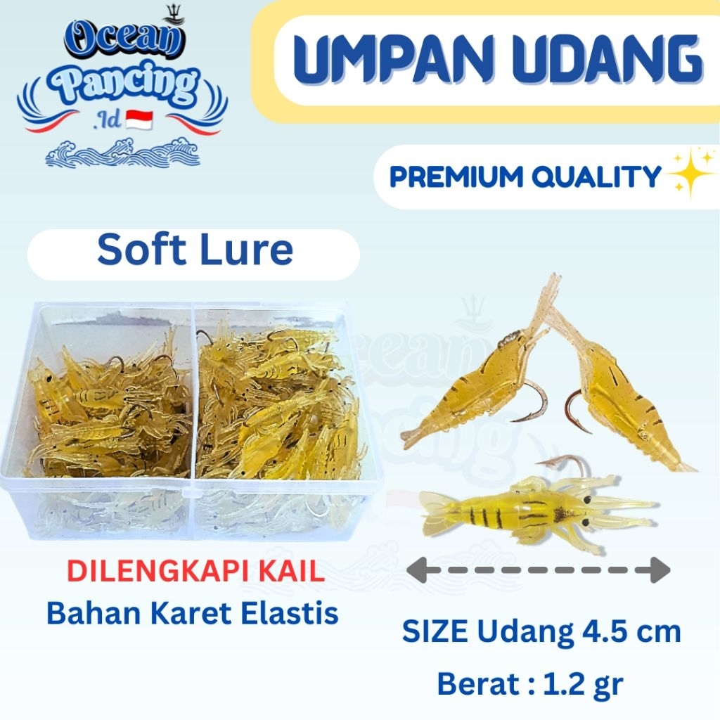 Umpan Pancing Udang 4.5 cm dilengkapi dengan kail  - Soft Lure Udang - Umpan Udang Tiruan - Bahan Ka