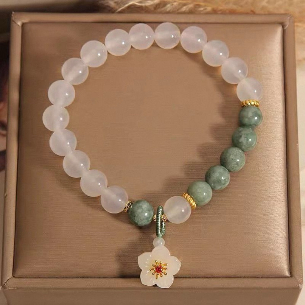 CLS05-002 Gelang Tangan Batu Glass Stone Putih Hijau Giok Liontin Bunga Begonia