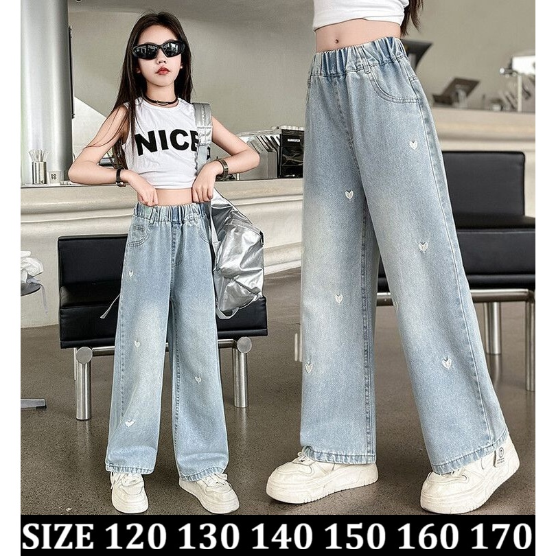 Celana Panjang Kulot Jeans Anak Perempuan Motif Love Hati Korea bordir bahan jeans jean ringan kekin