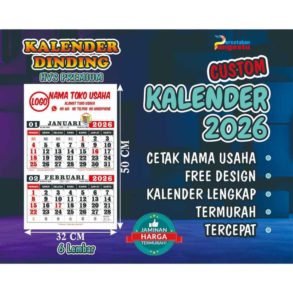 

KALENDER 2026 DWIWULAN + CETAK LOGO NAMA USAHA (1WARNA)