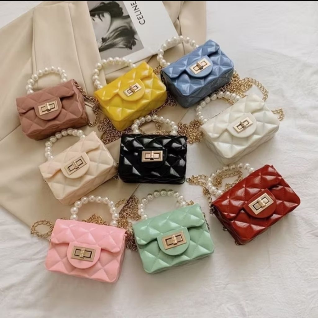 Tas Selempang Jelly 6847 Hand Bag Mini Motif Mutiara Sling Bag Wanita Rantai Gold