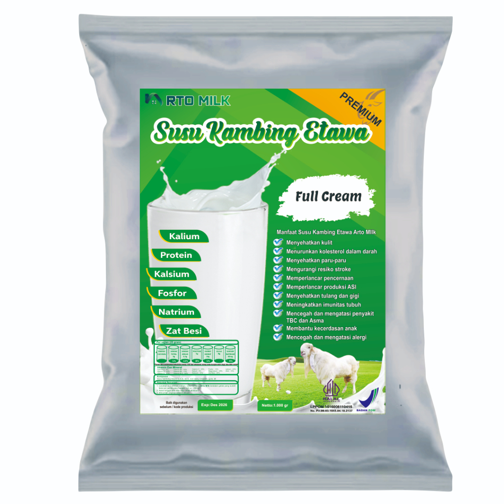 

Susu Bubuk Kambing Etawa Rasa Full Cream Isi 1kg Premium Aluminium Foil Arto Milk