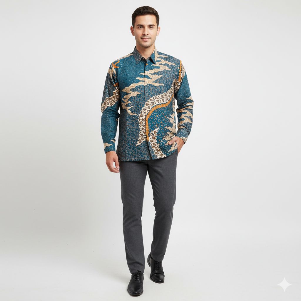 Batik Pria Lengan Panjang Emerald Bahan Katun HM1749 Baju Seragam Pesta Pernikahan Dan Kantor