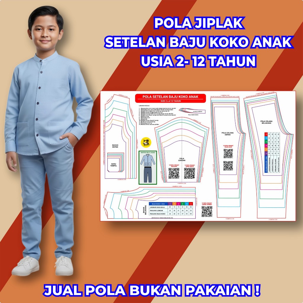 POLA JIPLAK SETELAN BAJU KOKO ANAK | POLA MENJAHIT SEWING PATTERN