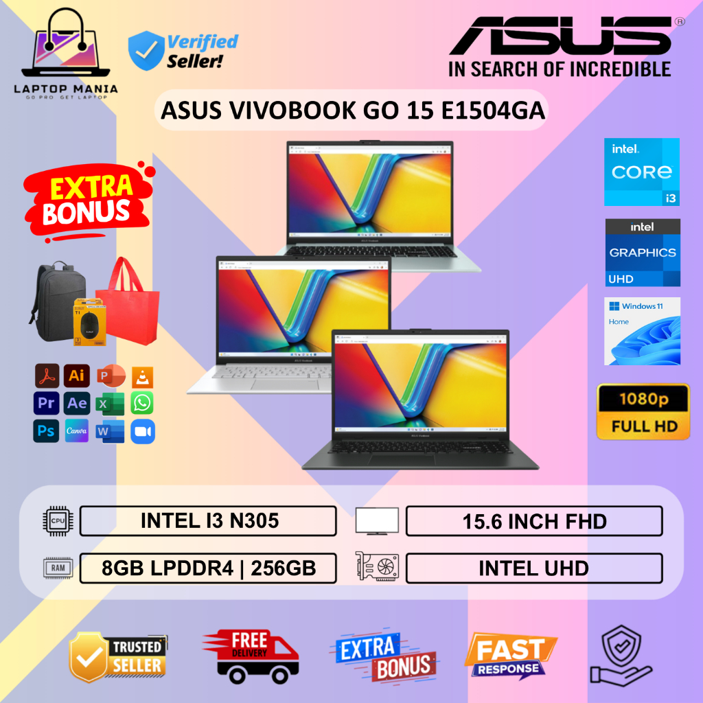 Asus Vivobook GO 15 E1504GA Intel Core I3 N305 8GB 256GB 15.6 inch FHD Windows 11 Home