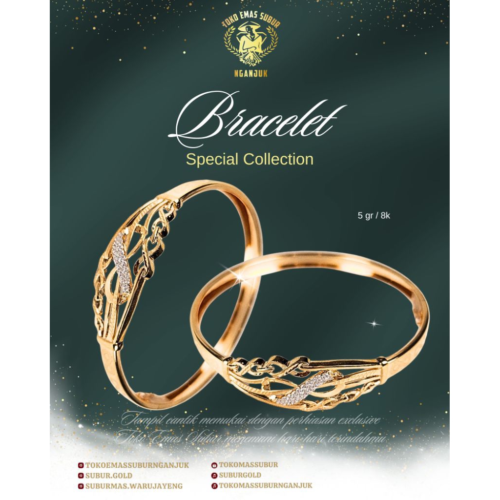 gelang emas bulat permata putih 8k