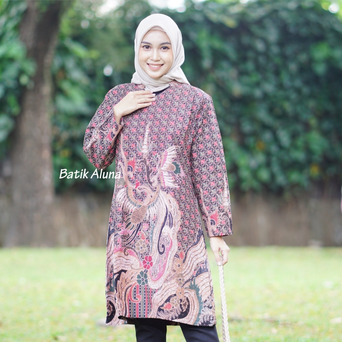 Batik Wanita Premium Aluna Modern Tunik Lengan Panjang Batik Khas Solo Batik Aluna TBA 062