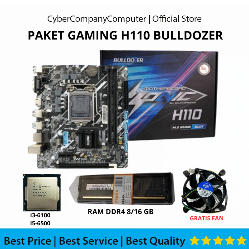 Paket Mainboard Bulldozer H110- Mobo Socket LGA1151 DDR4 - Core i3-6100/-i5-6500 -FreeFan