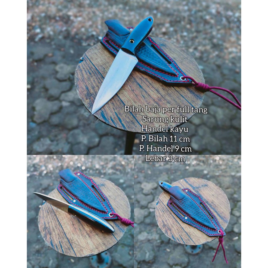 Pisau Hunting Survival – Full Tang Baja Per + Sarung Kulit Handmade