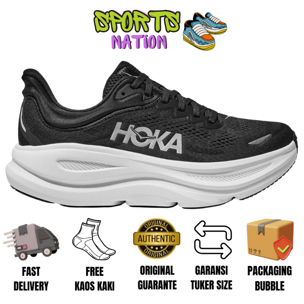 Sepatu Lari Pria Hoka Original Hoka Bondi 9 Black White