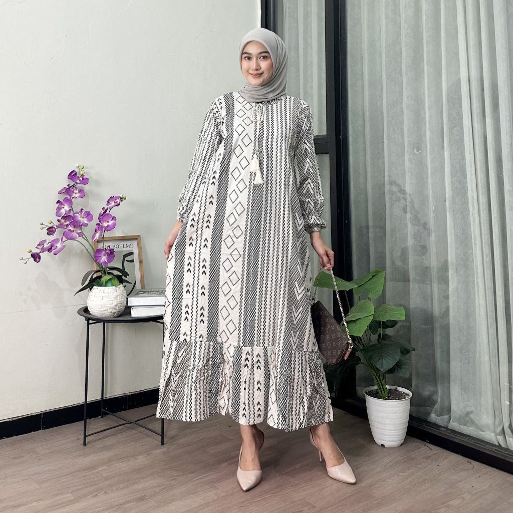 Dress Qonita Panjang Ld 120 Busui Bahan Rayon Premium Midi Dress Pb 130 Motif Mahira Etnik ada Saku 