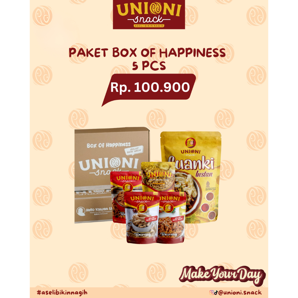 

Unioni Paket Box Of Happiness 5 Pcs Basrongki (Basreng,Orong,Cuanki) | Bikin Kamu Ketagihan