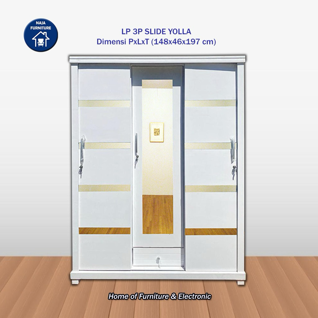 Lemari Pakaian 3 Pintu Sliding Minimalis | Lemari 3 Pintu Sliding Yolla | Lemari Pakaian Minimalis M