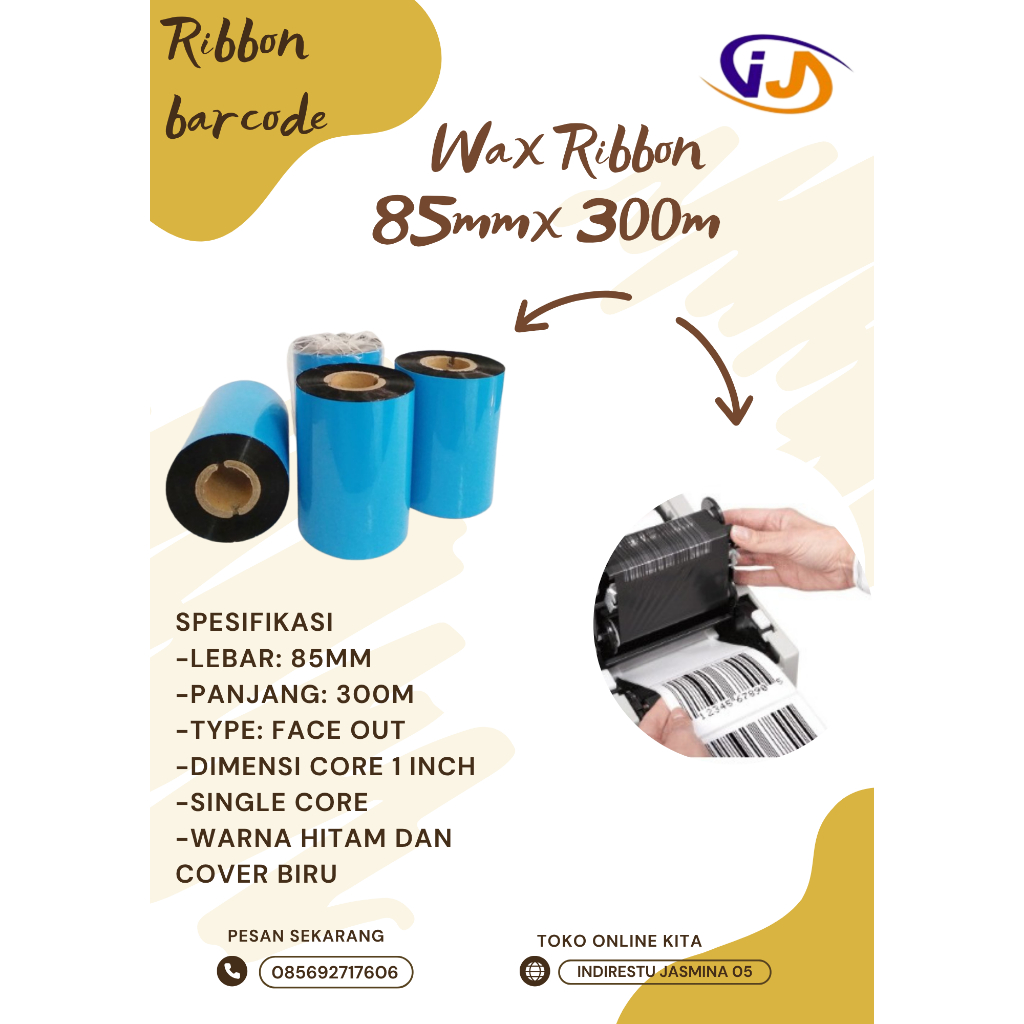 Ribbon Barcode Wax / Sticker Ribbon Barcode Wax / Wax Ribbon 85mm x 300m Face Out