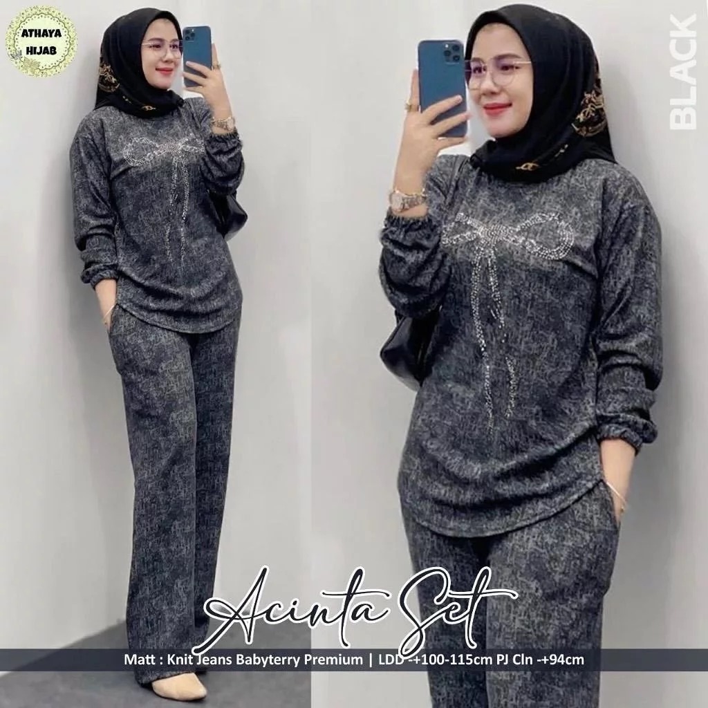 Setelan Wanita Model Terbaru Acinta Set Bahan Knite Jeans - Baju Setelan Wanita Dewasa Atasan dan Ce
