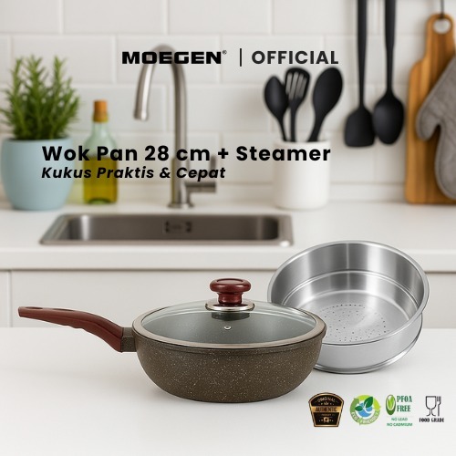 MOEGEN Wok Pan 28cm Granite Plus Steamer / Kukusan Anti Lengket