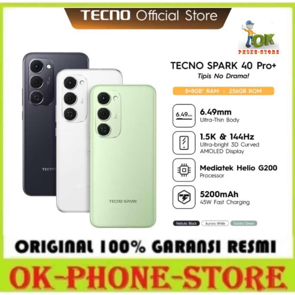 Tecno Spark 40 Pro+ 8/256 GB Garansi Resmi Tecno