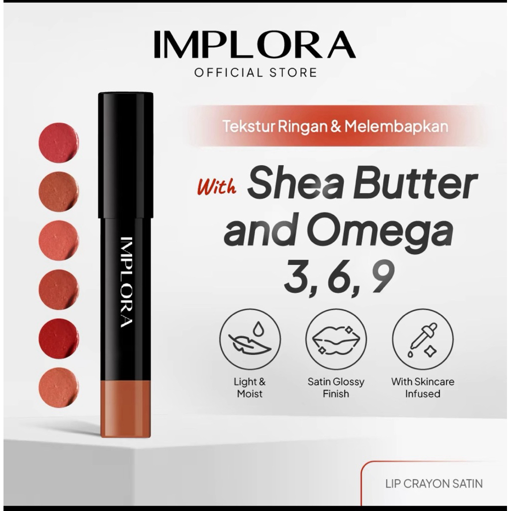 IMPLORA Lip Crayon Satin 3,5gr | Lipstik Ringan | Gloss Satin Finish