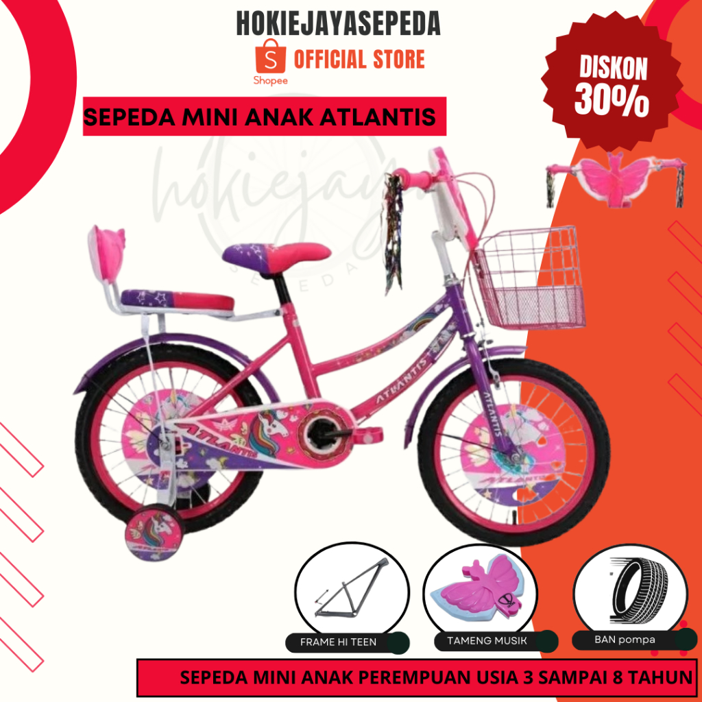 Sepeda Anak Perempuan ATLANTIS 12 16 18 inch Karakter kuda pony UNICORN  Musik - lampu - Kranjang - 
