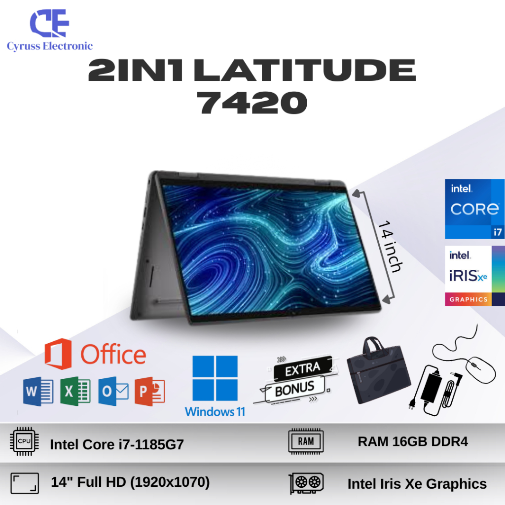 Laptop 2n1 Dell Latitude 7420 Intel Core i7 Gen 11 Ram 16GB SSD 1TB Layar 14in FHD Second-Bergaransi