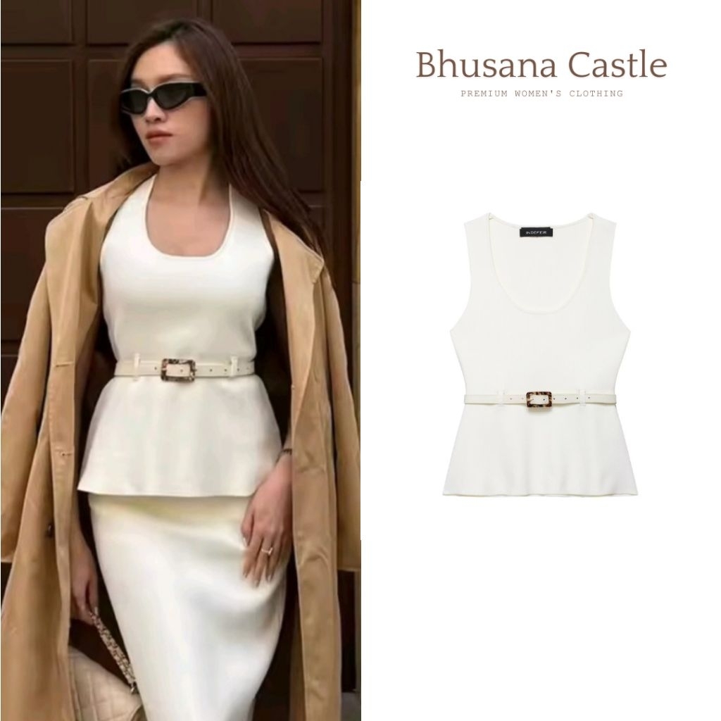 Bhusana Castle 78422 white informal elegant cotton knit belted vest top / atasan wanita