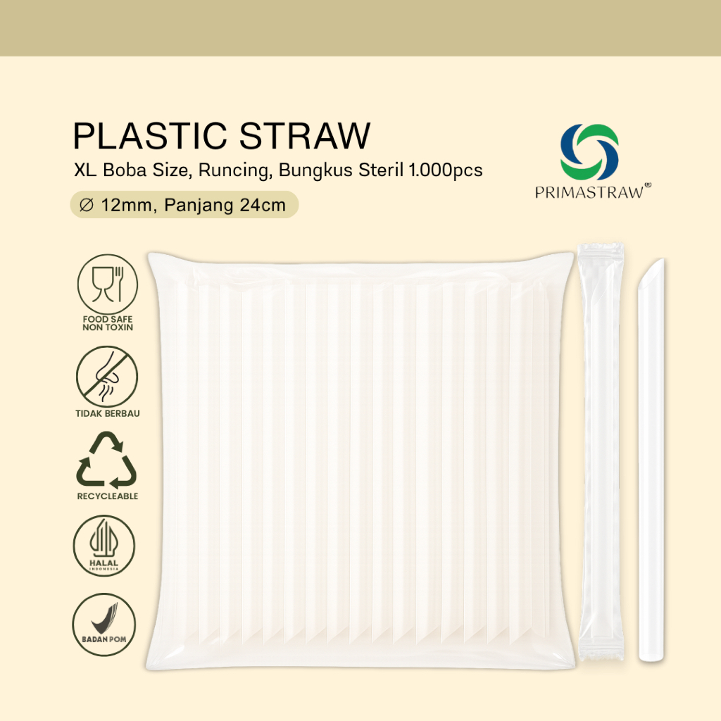 PRIMASTRAW® Sedotan Plastik BOBA XL RUNCING STERIL 12 x 240 mm (1,000pcs)