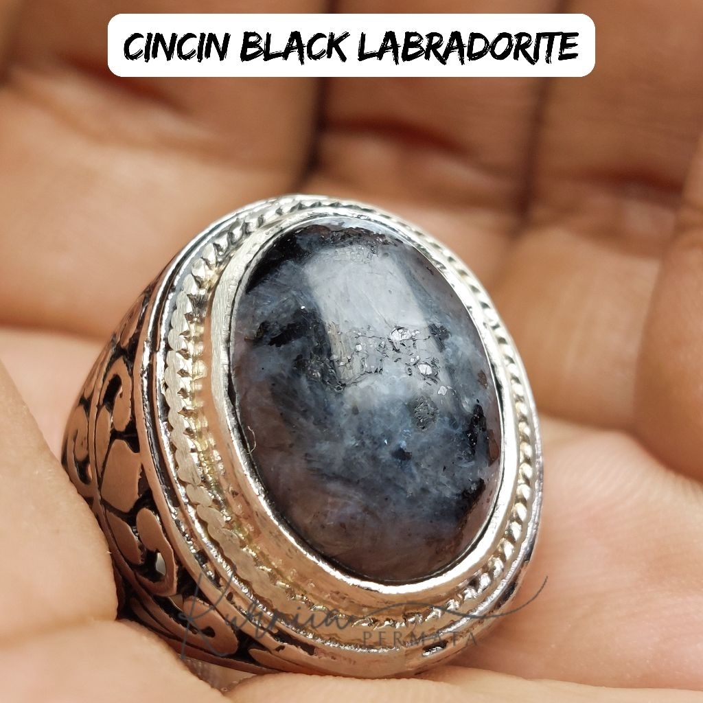 Cincin Batu Black Labradorite / Labrador Hitam Seraphinite Asli Natural Rings Akik Alpaka Super Mewa
