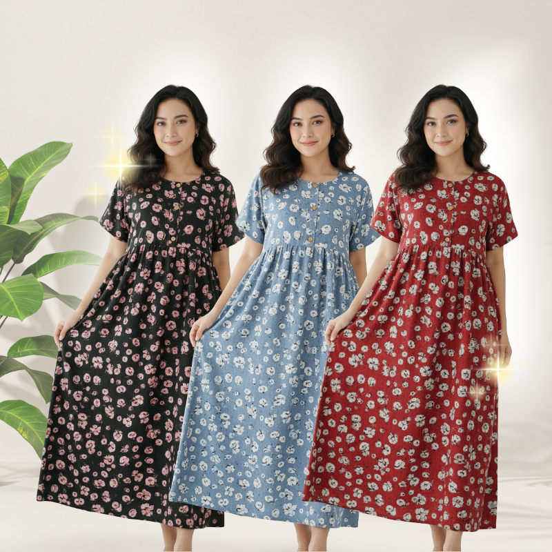 Daster Rayon Premium - Daster Kancing Busui - Home Dress Zahra Collection Motif Bunga Daisy Lengan P