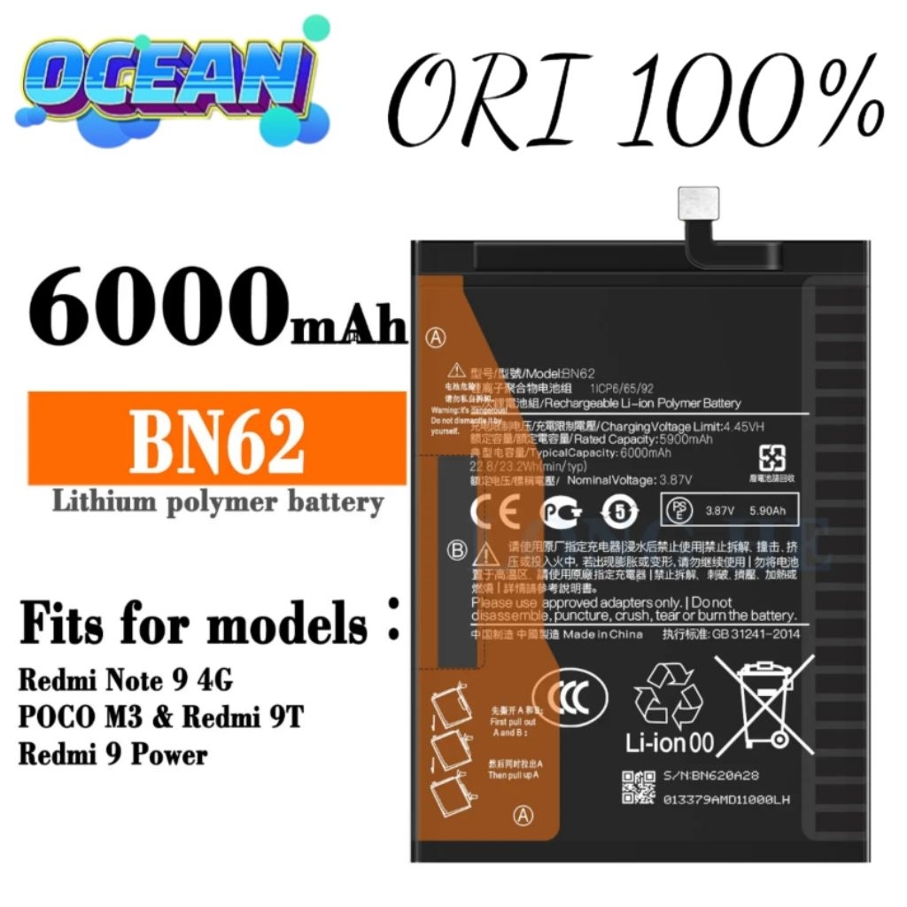 Batre Xiaomi Redmi 9T BN 62 Poco m3 6000 MAH Batre Xiaumi BN62 Redmi 9T Battery Batre