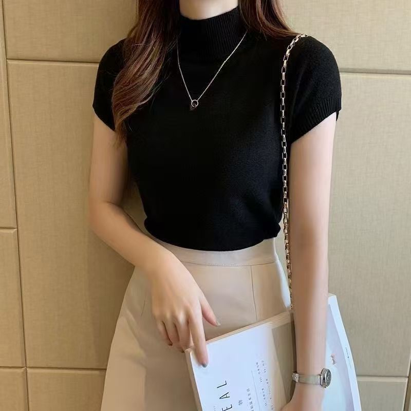 Rajut Turtle Neck Korean | Outfit Casual Trendy |Baju Rajut Wanita Polos Lengan Pendek | Turtle Neck