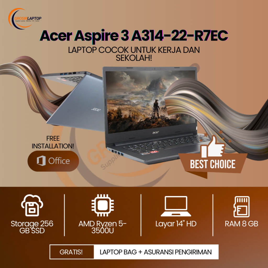 Laptop Baru Acer Aspire 3 A314-22-R7EC Ryzen 5 3500U Ram 8Gb Ssd 256Gb 14 Inch - Laptop Ryzen 5 Mura