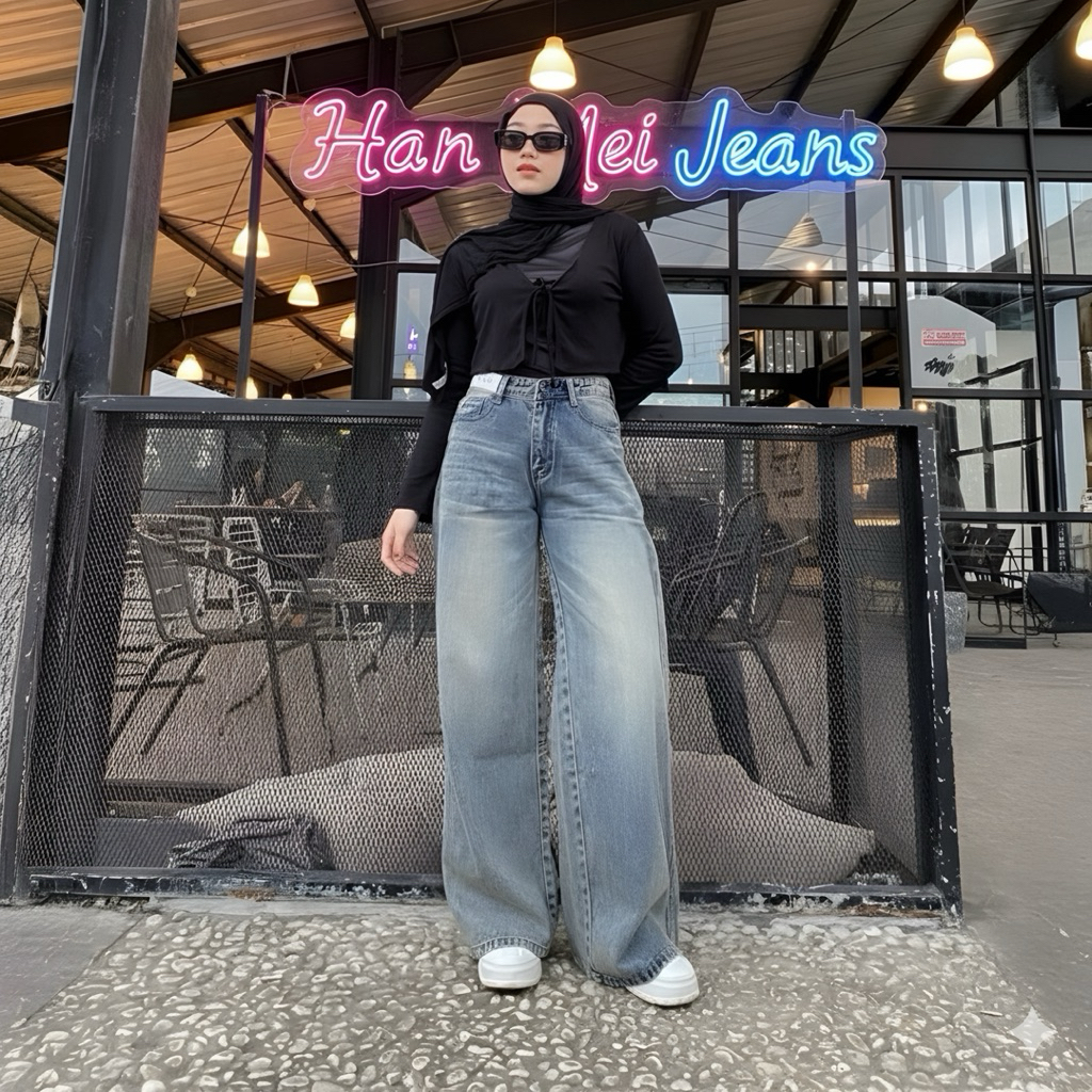 HanMei Jeans Highwaist Oversize Baggy Loose Wanita – Celana Jeans Wide Leg Stylish / Skena Jeans / L