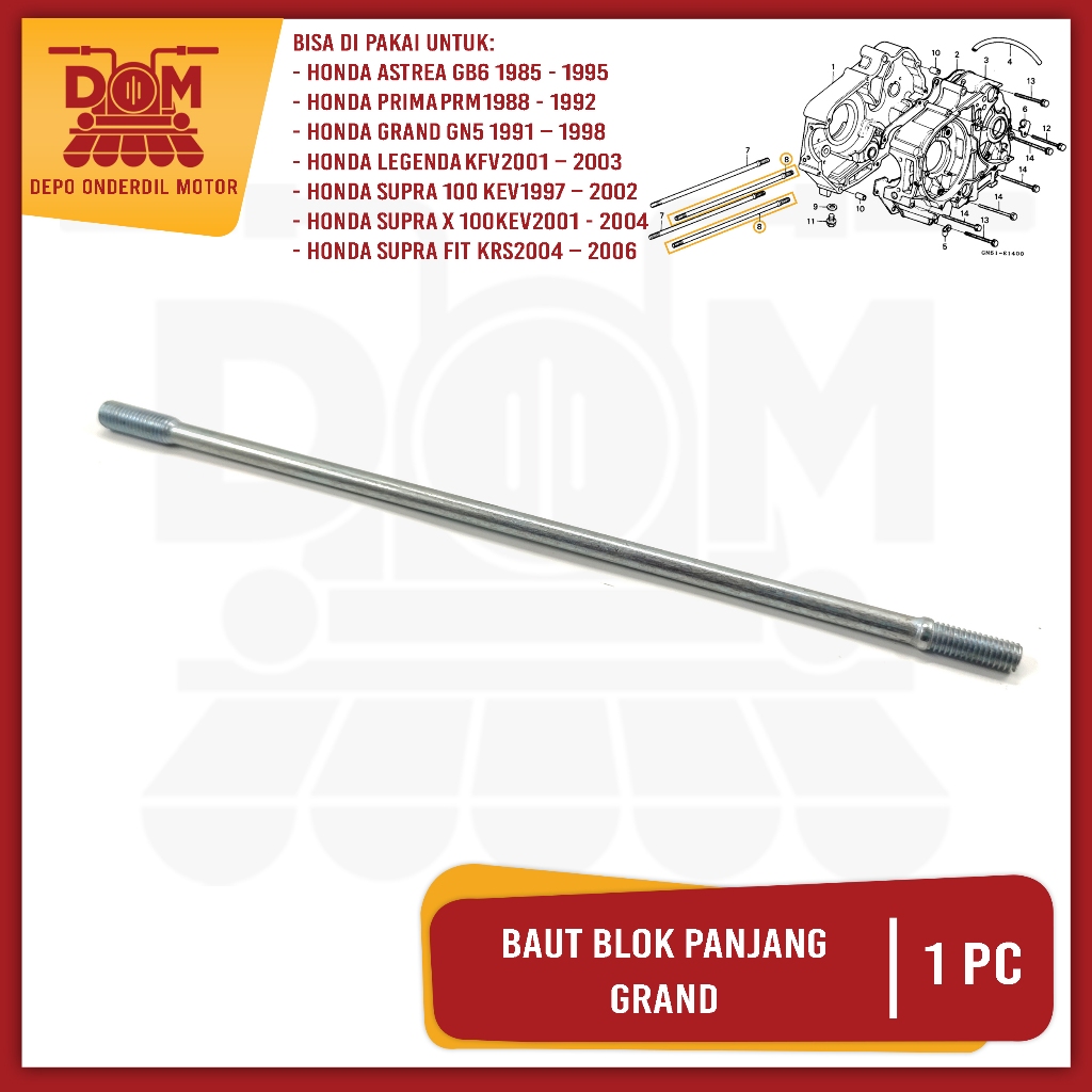 Baut Blok Grand Panjang (PSP) Baud Bolt Ancer Mesin Tusuk Sate Silinder Cylinder Block Honda