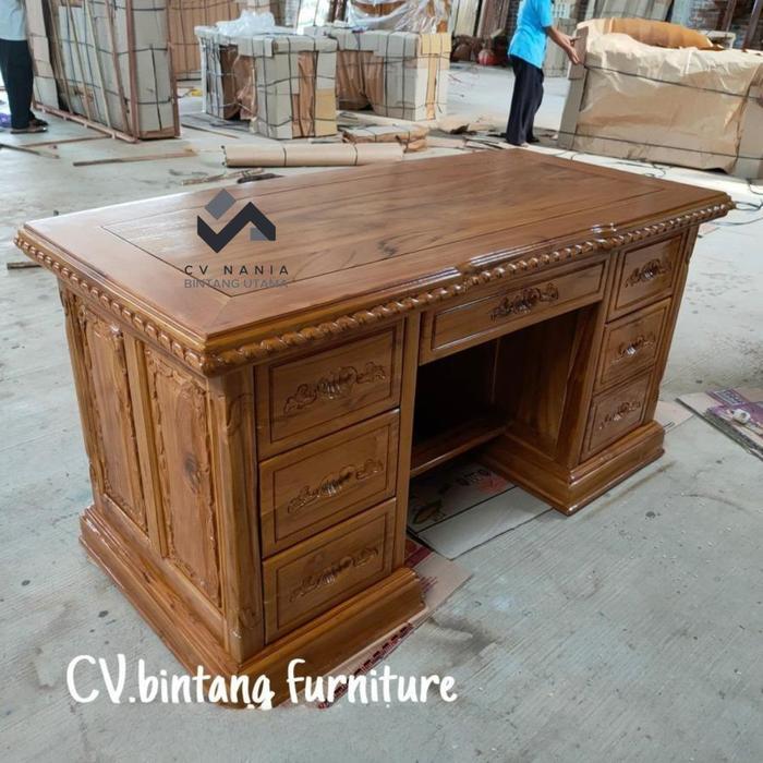 meja kerja jati ukiran meja kantor elegan finishing natural