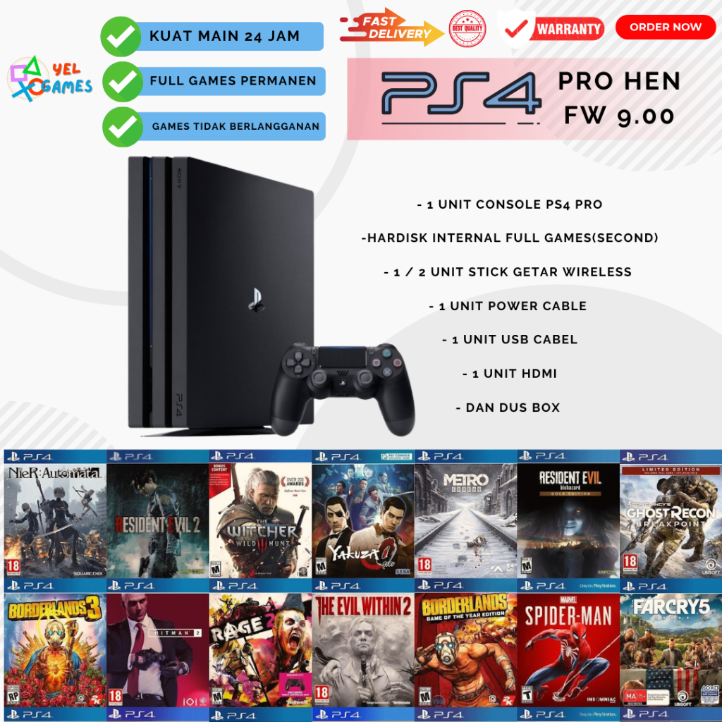 PS 4 PRO 4K HEN FW 9.00 GAME TERBARU PERMANEN TANPA BERLANGGANAN 1TB DAN 2STIK GAME OFFLINE PERMANEN