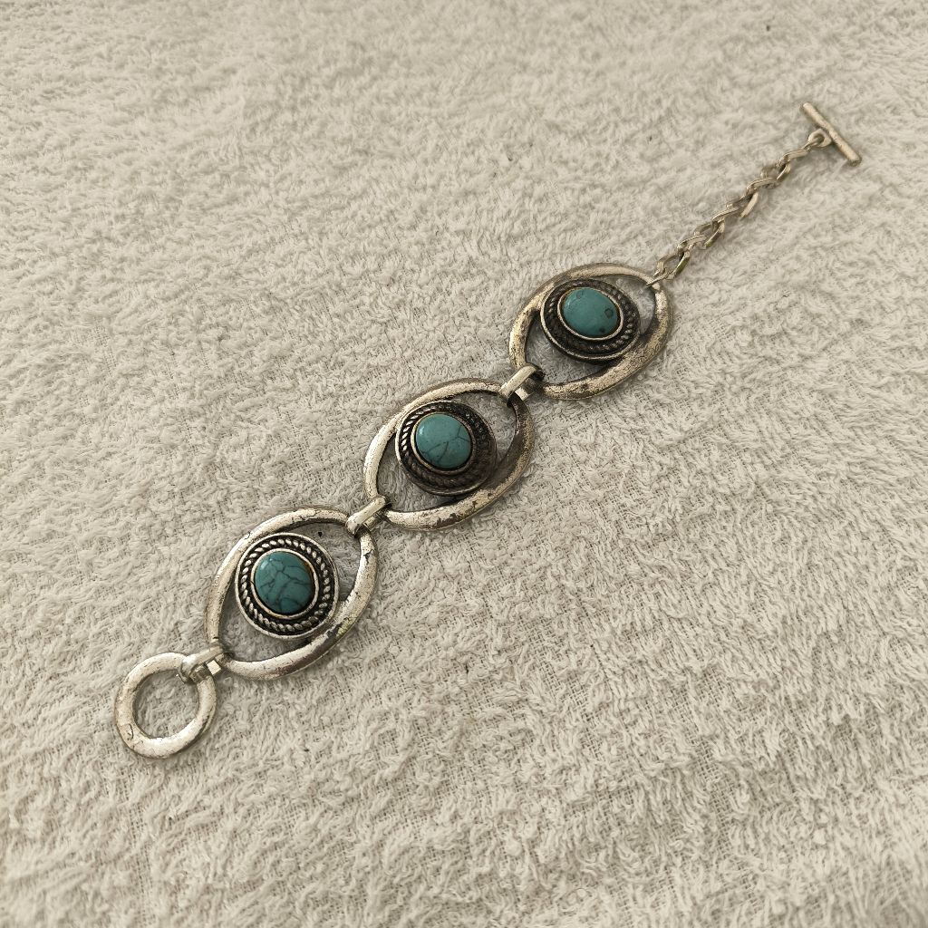 gelang rustic perak bakar pirus turqoise artificial antik