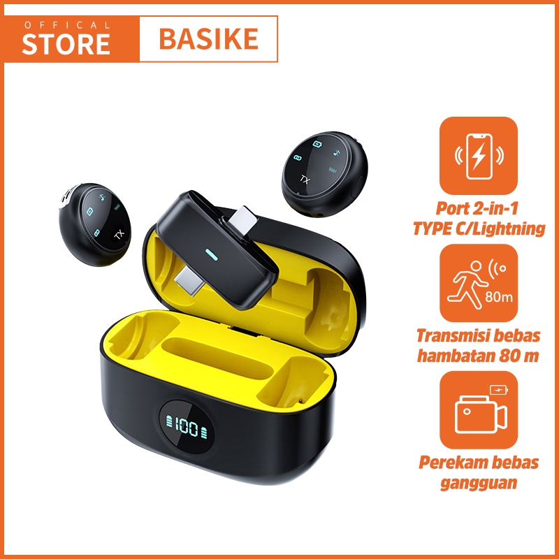BASIKE Mic Wireless Clip On Microphone Wireless Lapel Noise Cancelling Magnetic for Vlog Live asli
