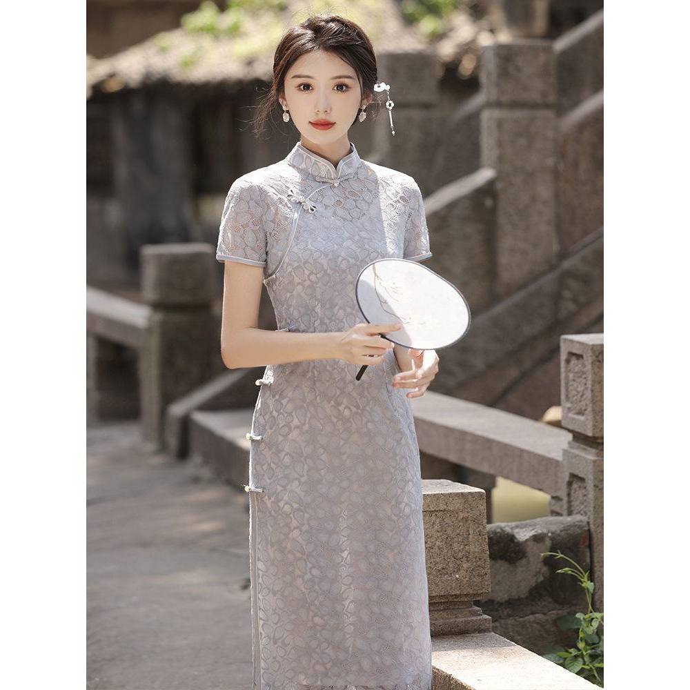 ST49 Dress panjang brukat china lengan pendek