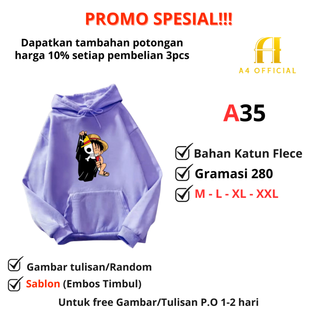Sweater Hoodie Anime One Piece Luffy Jacket Hoodie Anime One Piece Bahan Katun Fleece Gramasi 280 - 