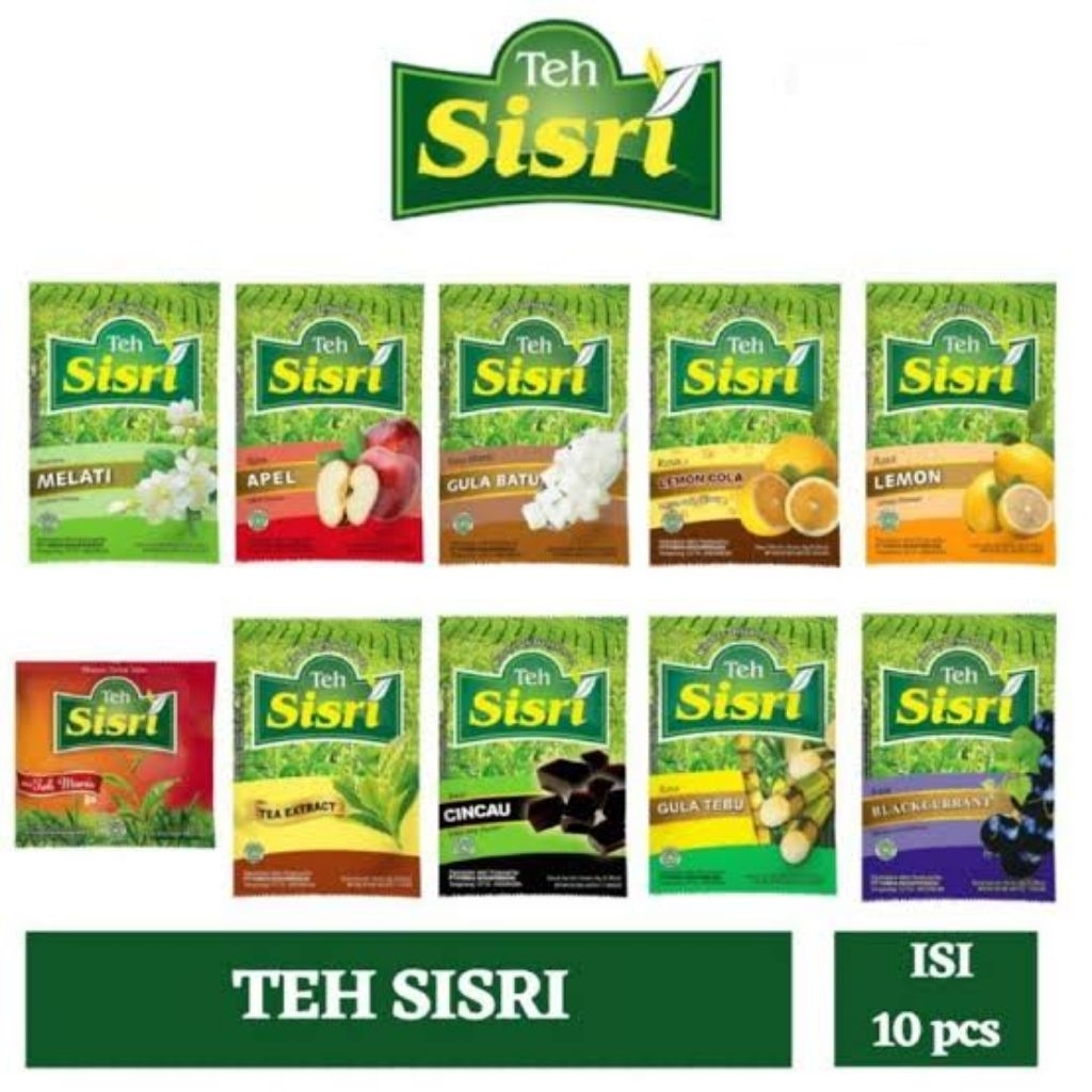 

TEH SISRI MINUMAN ANEKA RASA GULA BATU | APEL | MELATI |LEMON | MANGGA | GULA TEBU | CINCAU | BLACKURANT SACHET RENCENG NETTO 10 PCS X 8 GR