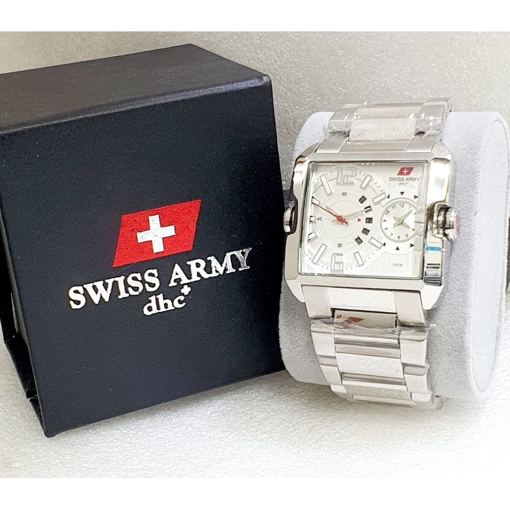 Jam Tangan Pria Swiss Mode Army DHC+ Original Stainless Steel Kotak Silver Elegan Fashion Casual