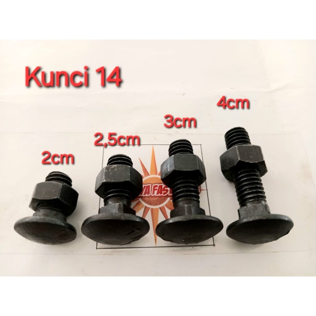 10 set Baut payung 2 - 2,5 - 3 - 4 - 5 cm kunci 14 / Carried bolt / Pagar / Bak truk / Bumper mobil