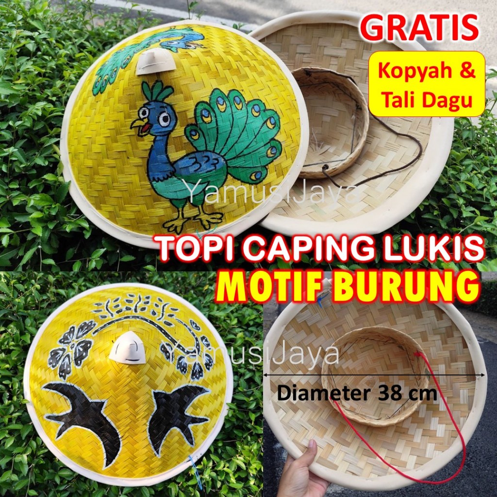 Topi Caping Bambu / Caping Lukis Unik / Tudung Topi Petani Motif Burung