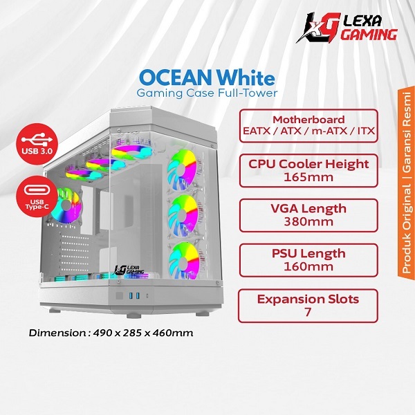 HOSE PC CASE OCEAN WHITE FULL TOWER - LEXA GAMING CASE - CASING KOMPUTER GAMING
