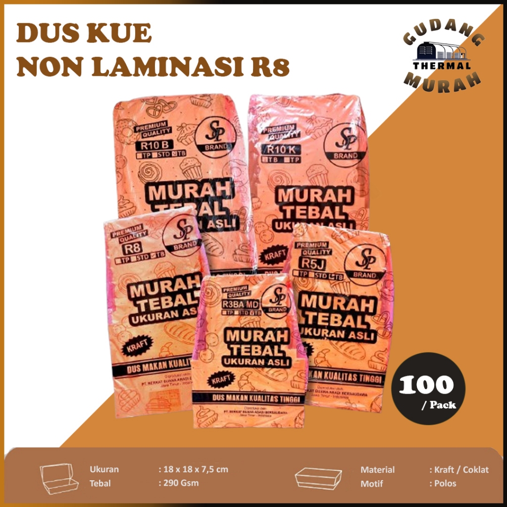 (1 PACK/ISI 100 PCS) Kotak Dus Kue / Dus Makanan R8 Kraft (18 cm x 18 cm x 7,5 cm) Non Laminasi MERK
