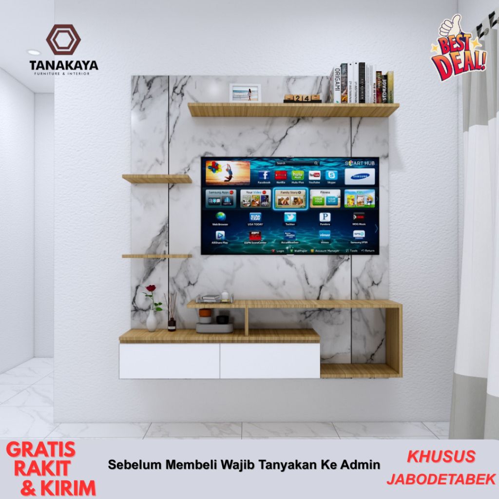 BACKDROP TV DINDING RUANG TAMU - BACKDROP TV MINIMALIS - HPL TACO KAYU BLOCKBOARD