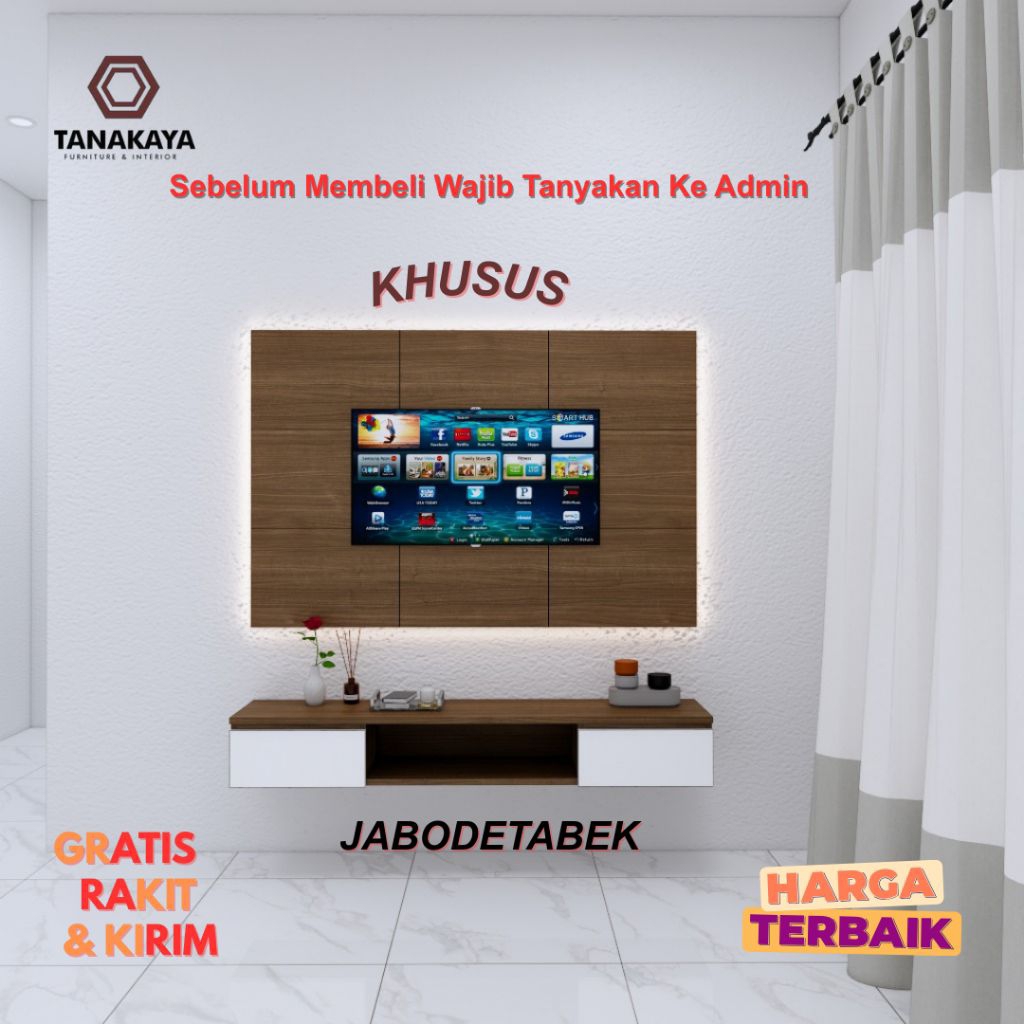BACKDROP TV RAK DINDING MINIMALIS - BACKDROP TV BEKASI - HPL TACO KAYU BLOCKBOARD