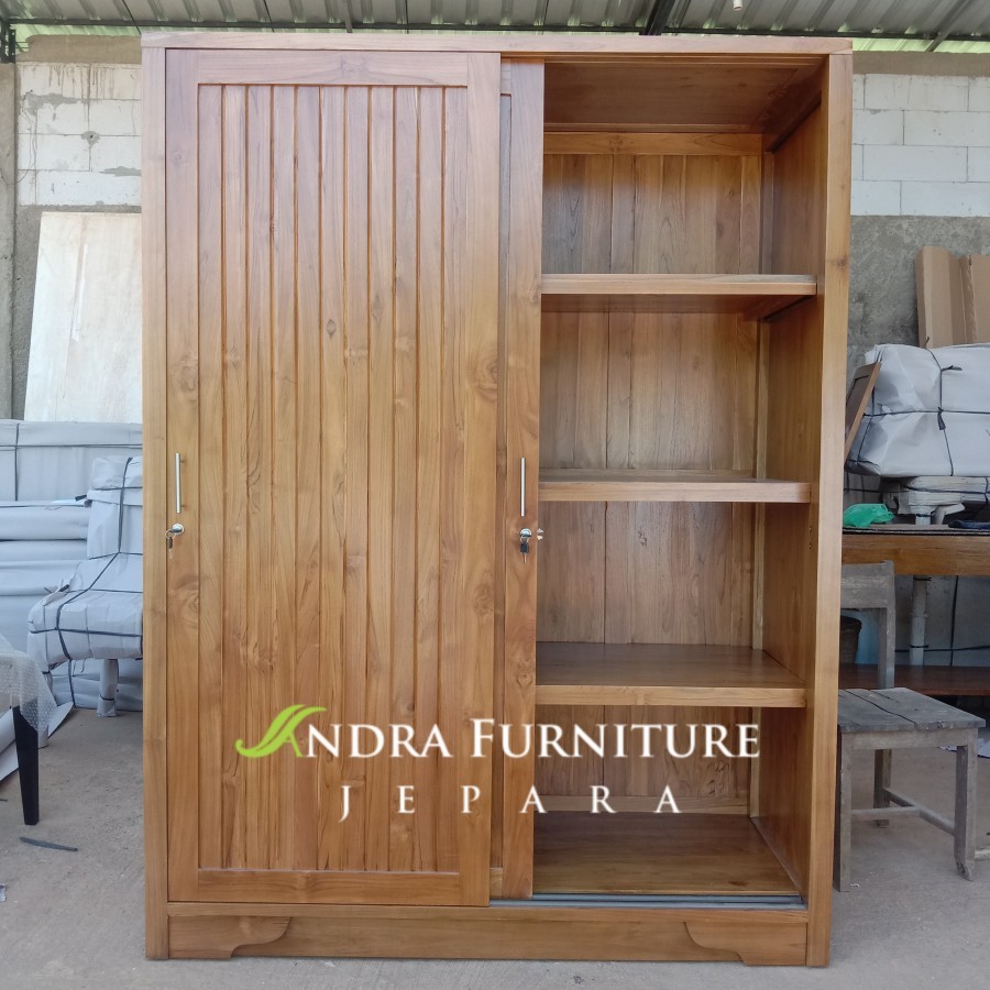 Almari 2 Pintu Salur Sliding Kayu Jati | Almari Gantungan dan Rak Baju