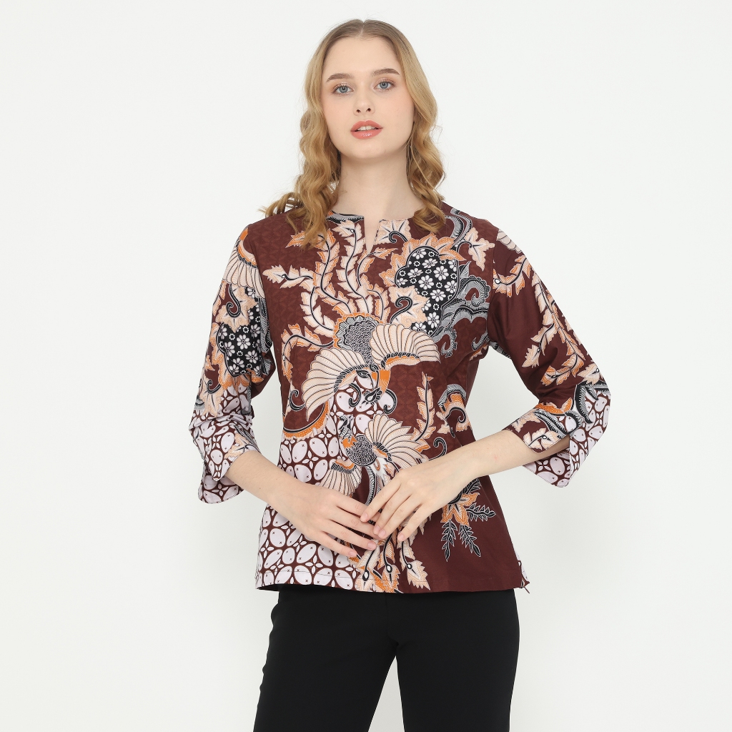 Dancus Blouse Batik Wanita Atasan Batik Wanita Lengan Panjang Warna Coklat OLR303