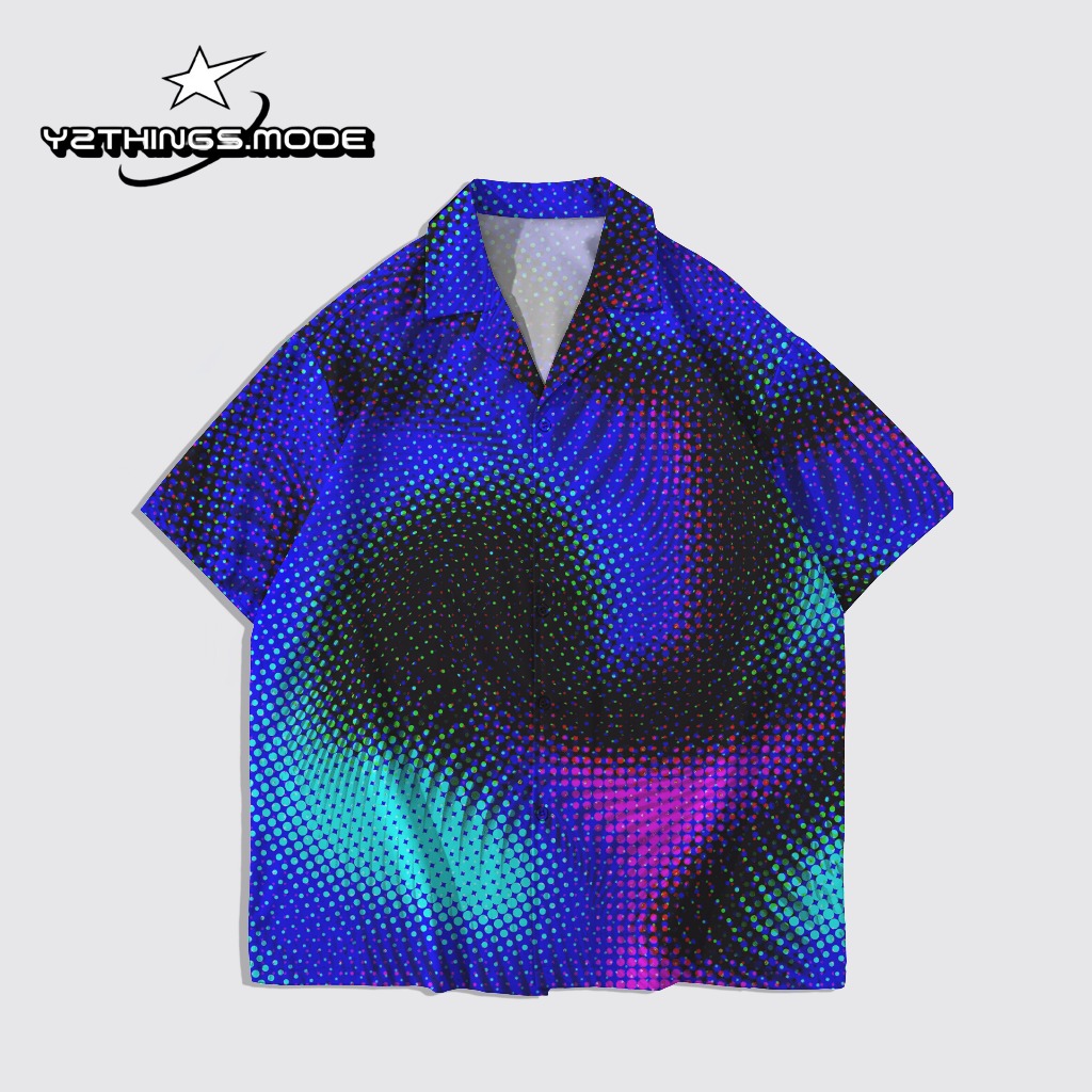 Y2THINGS Kemeja Lengan Pendek Motif Abstrak Pixel Warna-warni – Shirt Aesthetic Psychedelic Kekinian